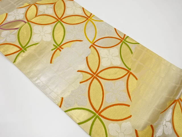 アンティーク　花七宝繋ぎ模様織り出し袋帯（材料）